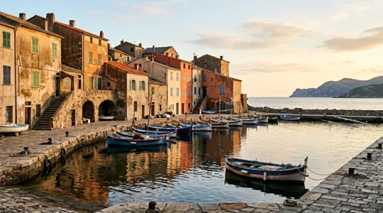 Port de pêche traditionnel corse avec façades colorées ocre et bateaux amarrés sous lumière dorée