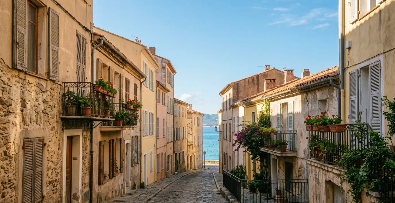 Atmosphère lumineuse d'un quartier résidentiel d'Ajaccio avec architecture corse traditionnelle
