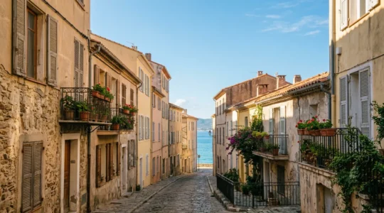Atmosphère lumineuse d'un quartier résidentiel d'Ajaccio avec architecture corse traditionnelle