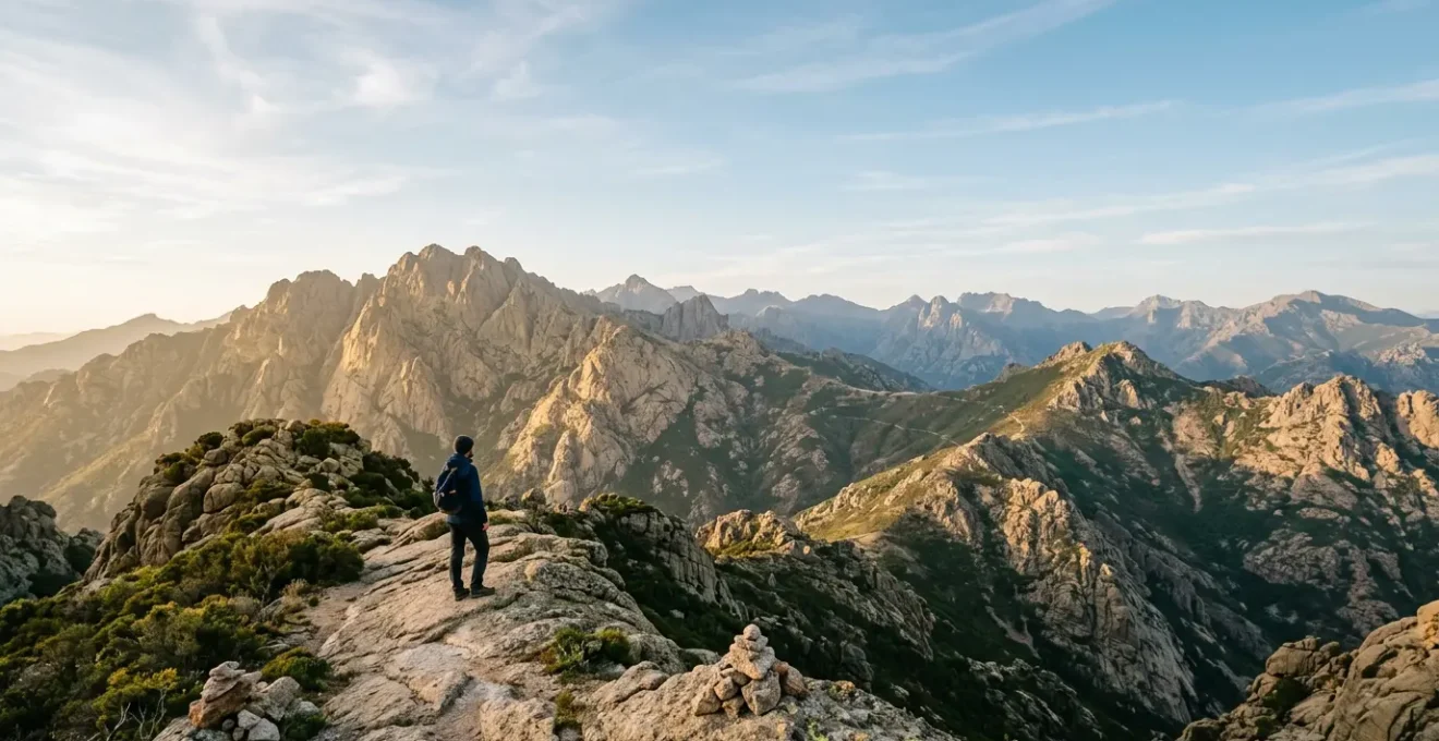 Randonneur contemplant les crêtes montagneuses de Corse dans un environnement naturel préservé