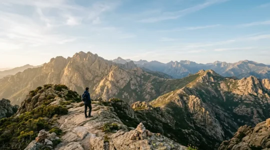 Randonneur contemplant les crêtes montagneuses de Corse dans un environnement naturel préservé