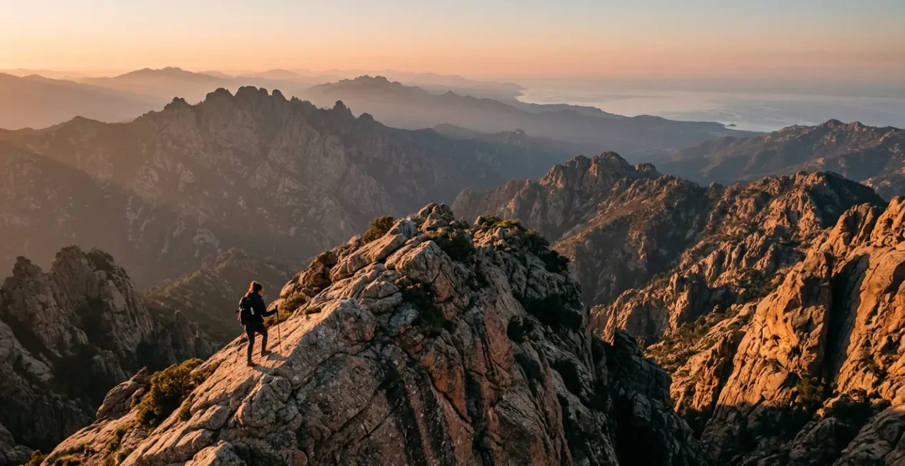 Randonneur solitaire progressant sur une crête rocheuse de granit avec vue panoramique sur les sommets corses et la Méditerranée