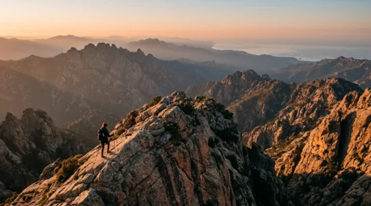 Randonneur solitaire progressant sur une crête rocheuse de granit avec vue panoramique sur les sommets corses et la Méditerranée