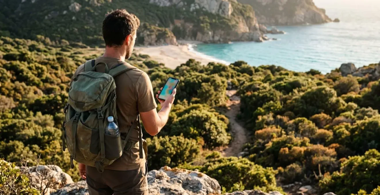Randonneur consultant une carte hors-ligne sur smartphone dans le maquis corse avec batterie externe