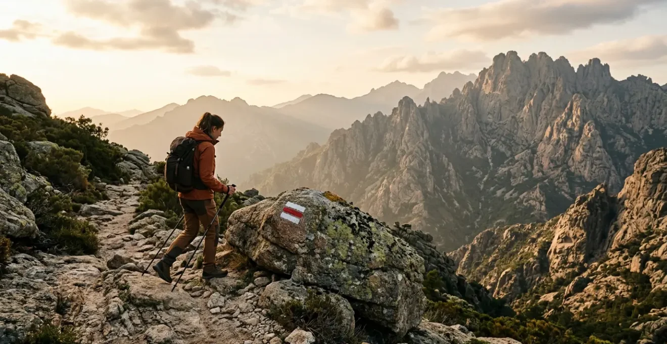 Randonneur suivant les marques de balisage rouge et blanc du GR20 sur un rocher en altitude en Corse