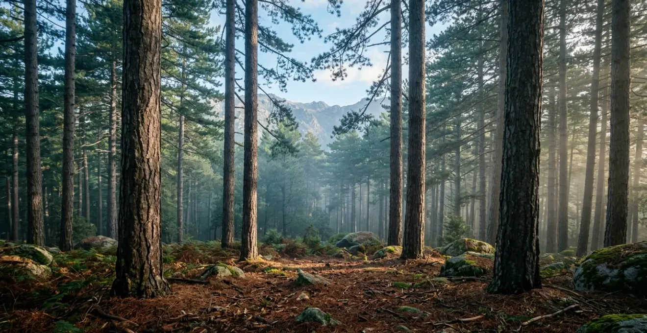 Forêt majestueuse de pins laricio dans les massifs de Vizzavona offrant une ombre dense et fraîche en été