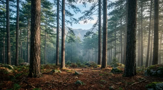 Forêt majestueuse de pins laricio dans les massifs de Vizzavona offrant une ombre dense et fraîche en été