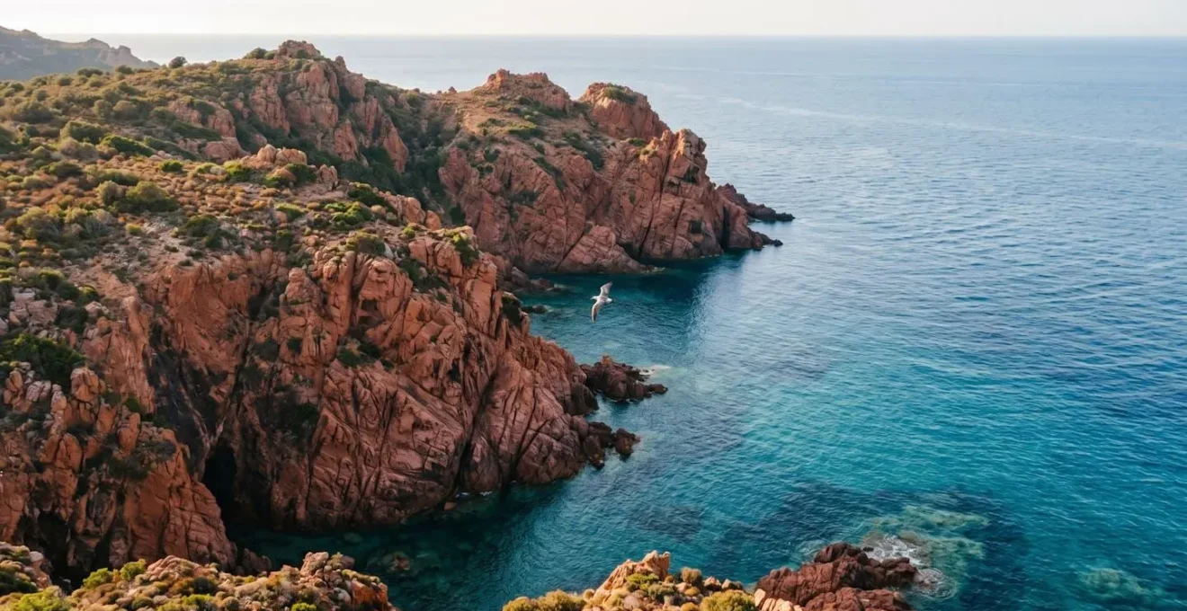 Paysage aérien d'une réserve naturelle côtière corse avec falaises rouges plongeant dans une mer turquoise