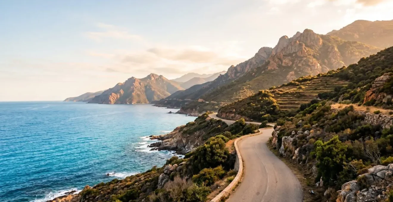 Route côtière panoramique de Balagne avec vue sur la Méditerranée et montagnes corses