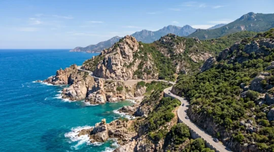 Route côtière sinueuse longeant la mer Méditerranée turquoise et les montagnes corses sous un ciel bleu éclatant