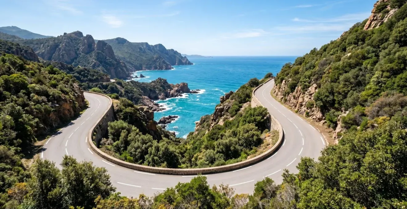 Route côtière sinueuse en Corse avec virage en épingle dominant la mer Méditerranée turquoise et le maquis dense