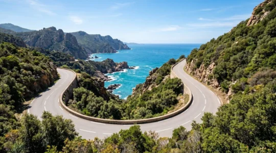 Route côtière sinueuse en Corse avec virage en épingle dominant la mer Méditerranée turquoise et le maquis dense