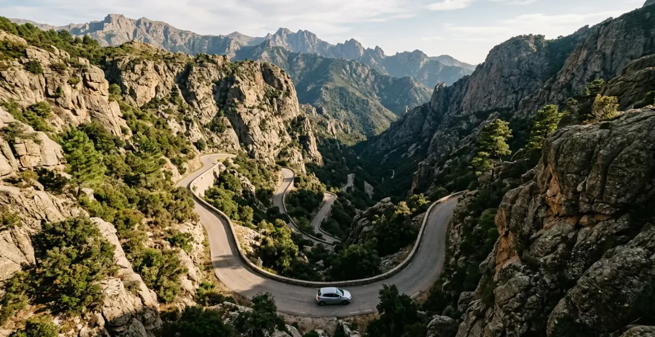Vue panoramique d'une route de montagne serpentant à travers les gorges corses avec un véhicule en conduite