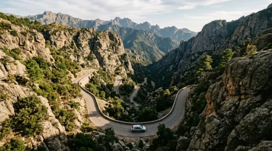Vue panoramique d'une route de montagne serpentant à travers les gorges corses avec un véhicule en conduite