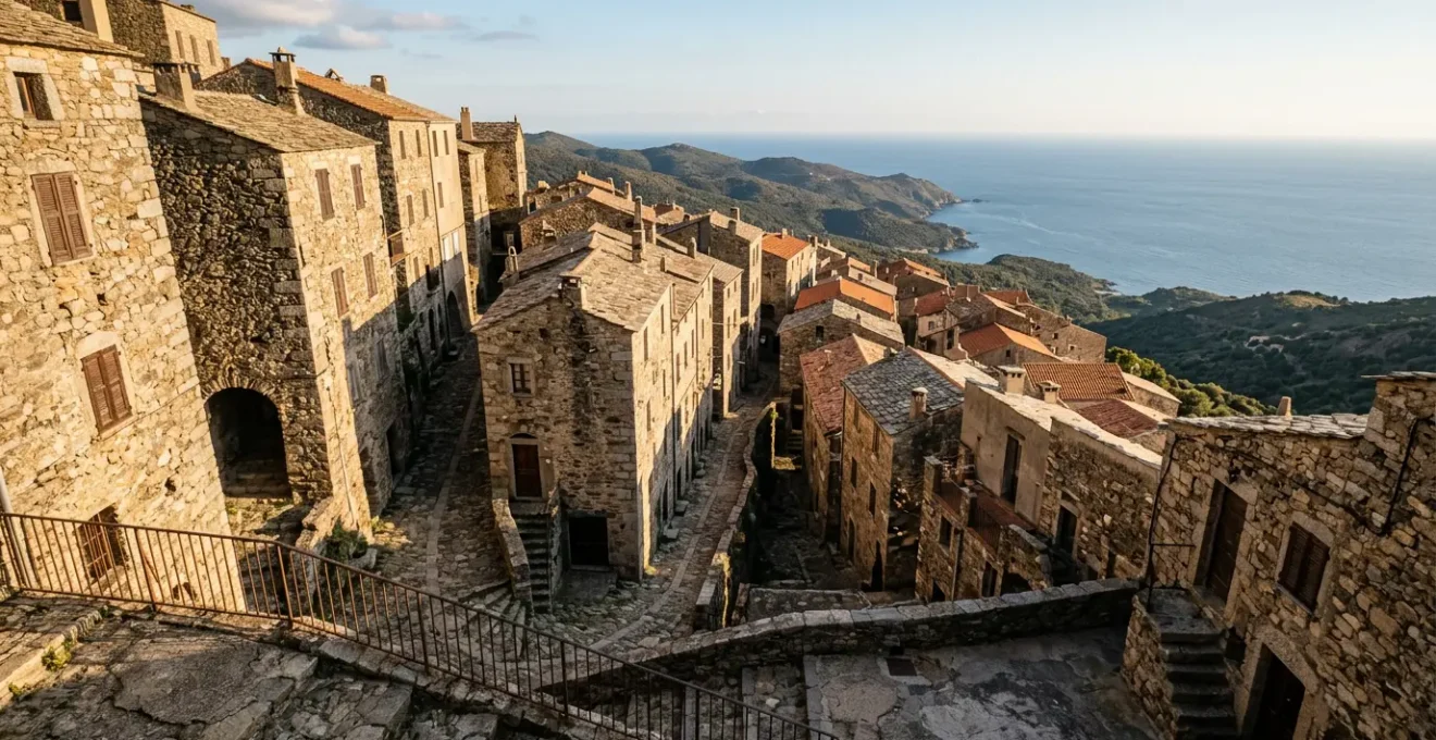 Vue plongeante sur les ruelles pavées étroites d'une vieille ville corse avec ses maisons en pierre de granit et leurs façades sans fenêtres au rez-de-chaussée