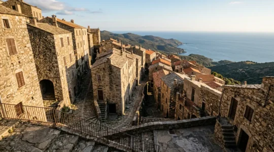 Vue plongeante sur les ruelles pavées étroites d'une vieille ville corse avec ses maisons en pierre de granit et leurs façades sans fenêtres au rez-de-chaussée