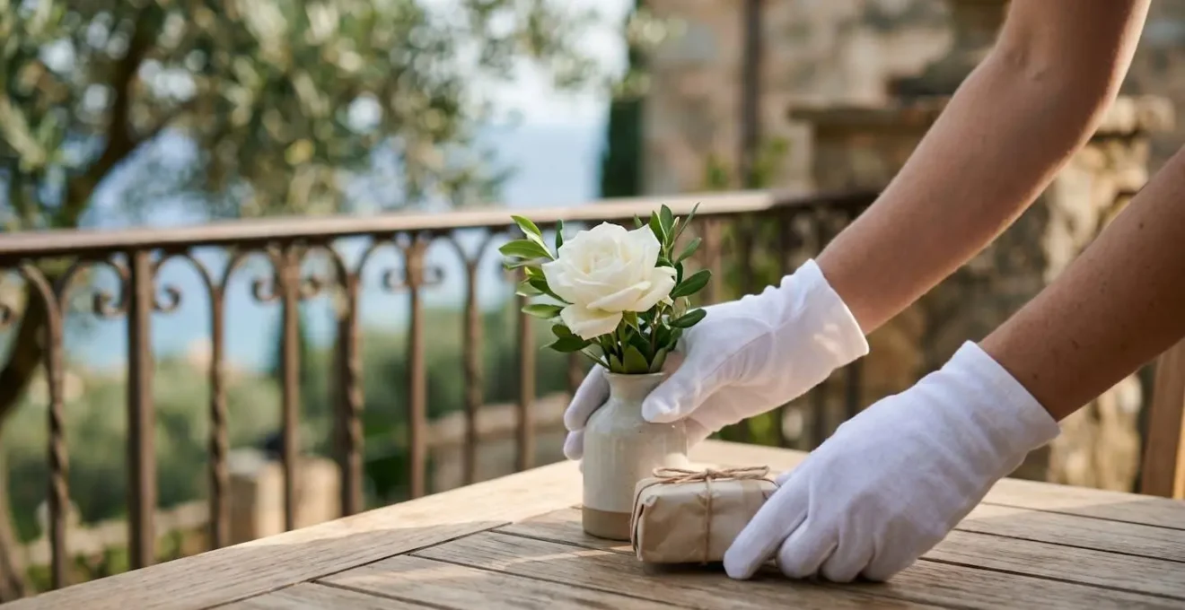 Main gantée de majordome déposant discrètement un plateau de bienvenue sur une table extérieure de villa privée