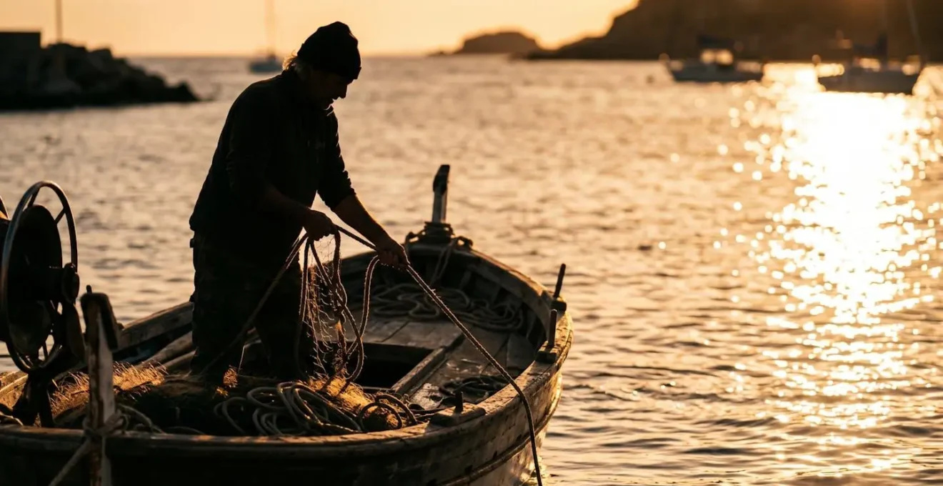 Silhouette de pêcheur corse travaillant sur son bateau au coucher du soleil avec mer scintillante en arrière-plan