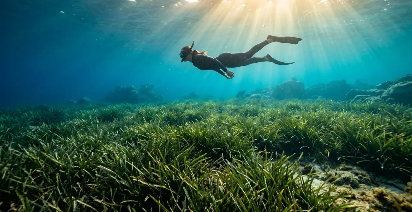 Plongeur équipé de masque et tuba observant respectueusement un herbier de posidonie en Méditerranée