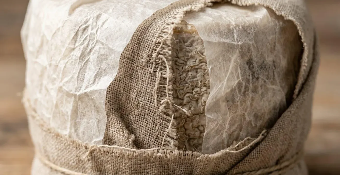 Gros plan sur la technique de protection d'un fromage artisanal pour le transport