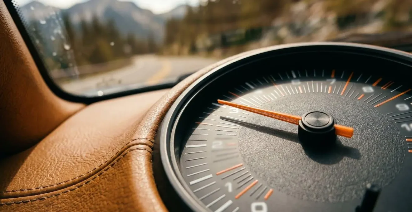 Gros plan sur un tableau de bord de voiture montrant le compte-tours en zone optimale lors d'une descente de montagne