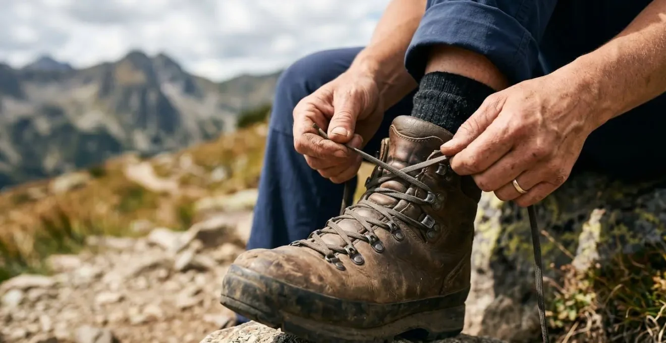 Vue détaillée des mains d'un randonneur réalisant la technique du verrou de talon sur les œillets supérieurs d'une chaussure de randonnée