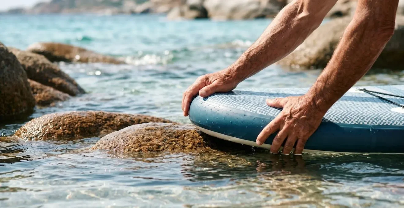 Gros plan sur des mains guidant délicatement une planche de paddle gonflable vers un rocher lisse, dans des eaux turquoise peu profondes