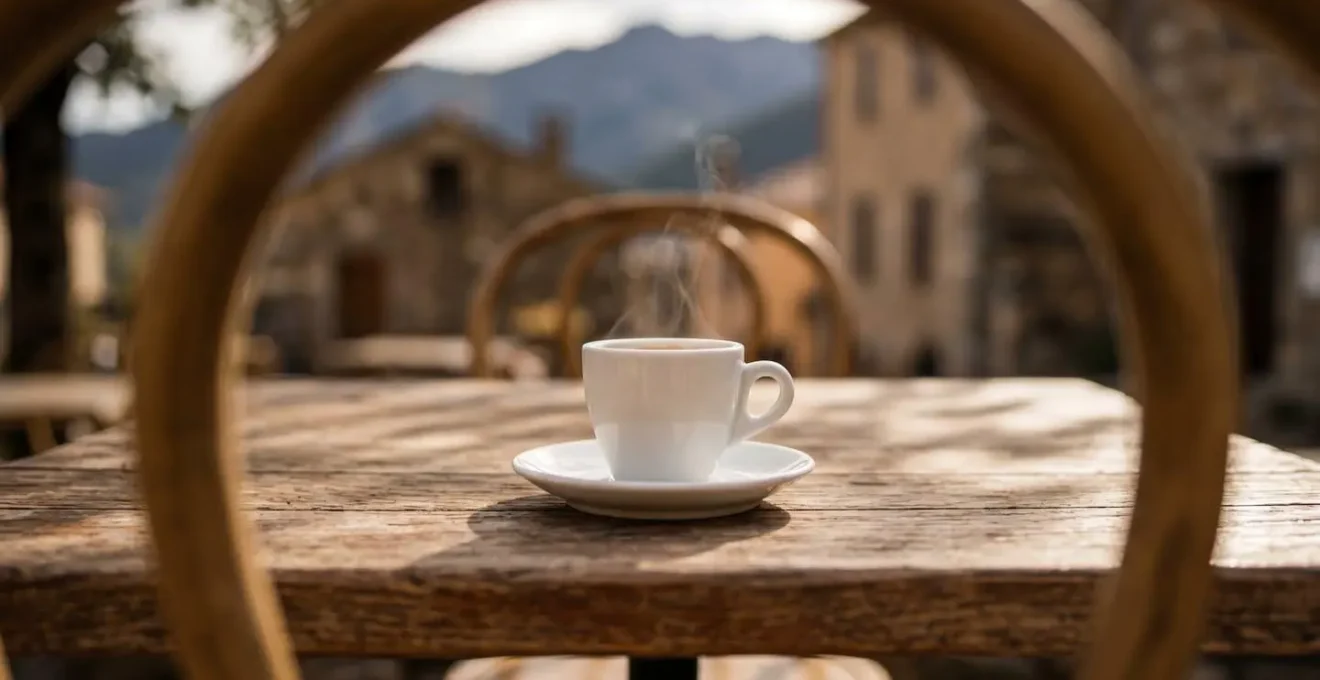 Terrasse ombragée d'un café de village corse au petit matin avec tables en bois et vue sur montagne