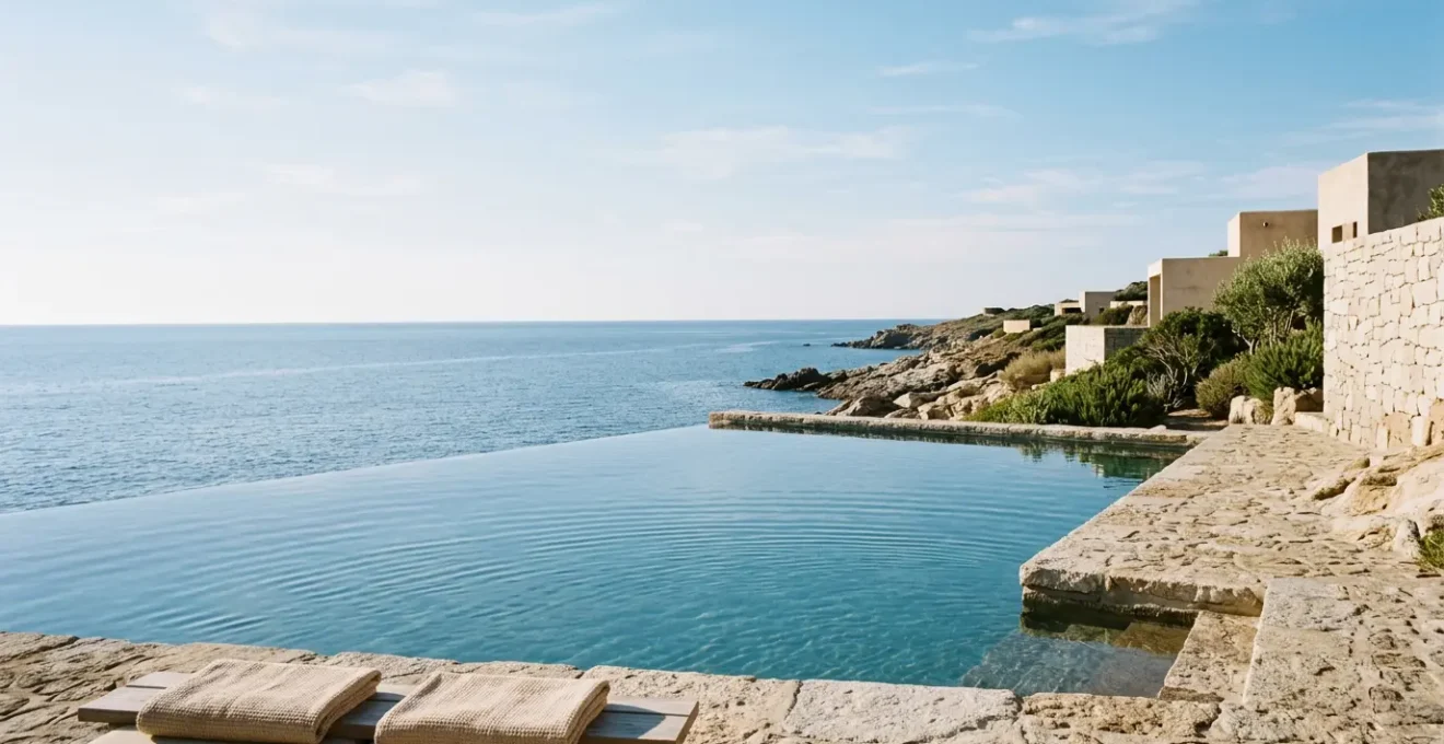 Vue paisible sur la Méditerranée depuis un centre de thalassothérapie en Corse, piscine d'eau de mer face à l'horizon bleu