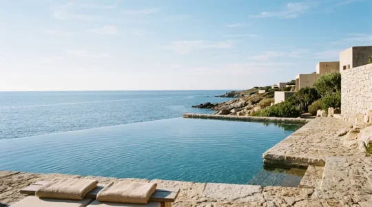 Vue paisible sur la Méditerranée depuis un centre de thalassothérapie en Corse, piscine d'eau de mer face à l'horizon bleu