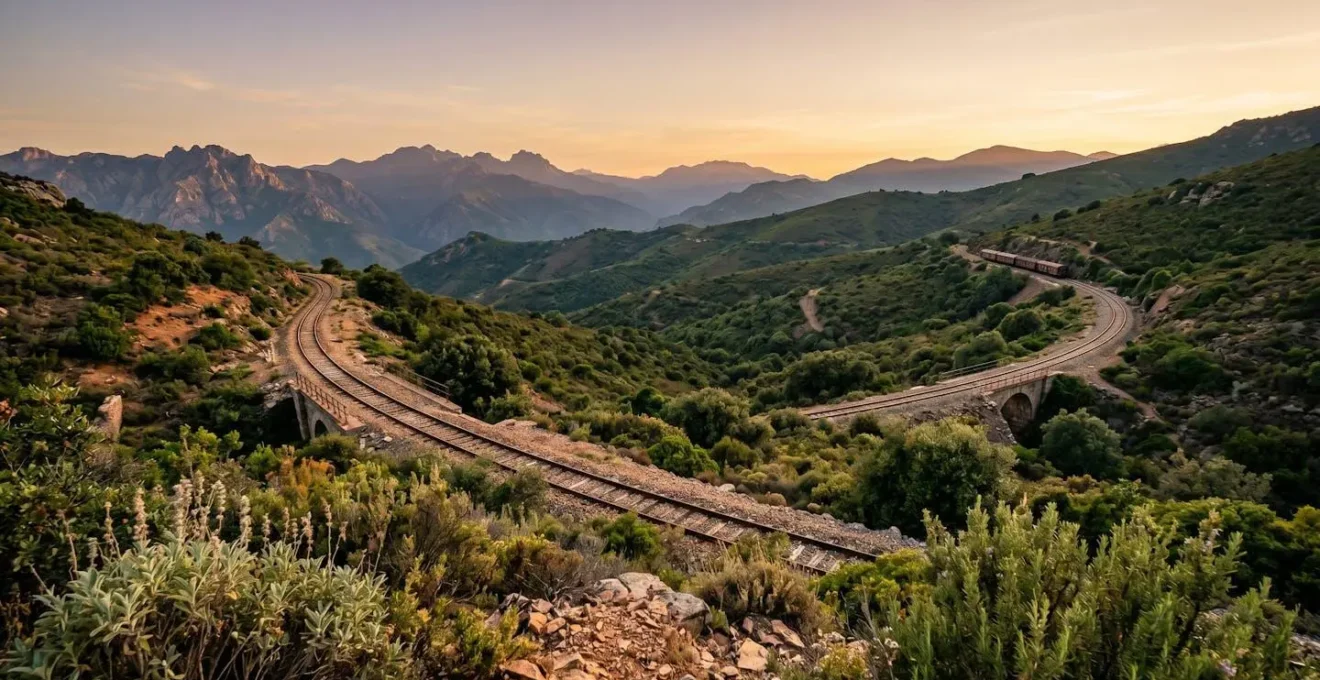 Paysage de montagne corse avec infrastructure ferroviaire pittoresque