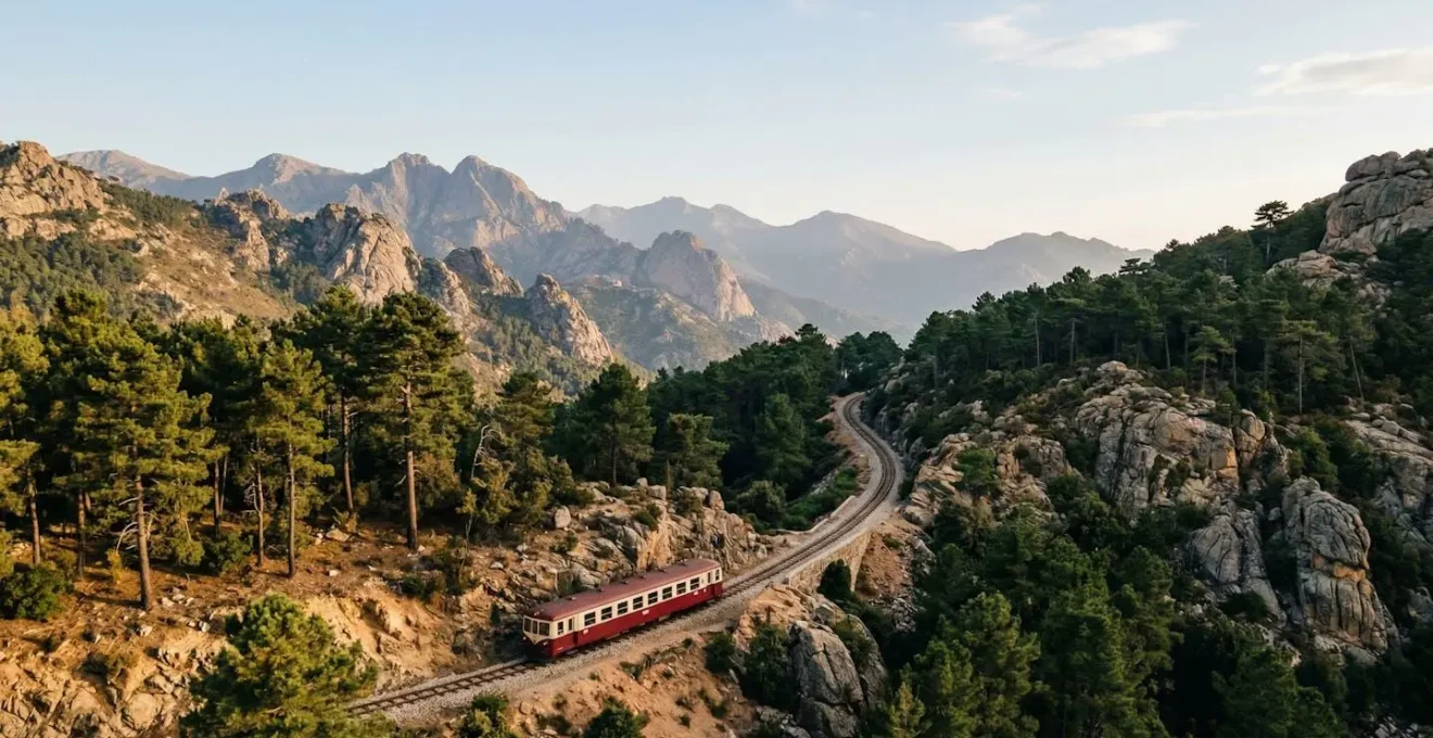 Train corse traditionnel serpentant à travers les montagnes et forêts denses de l'île de Beauté
