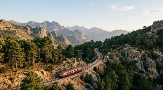 Train corse traditionnel serpentant à travers les montagnes et forêts denses de l'île de Beauté