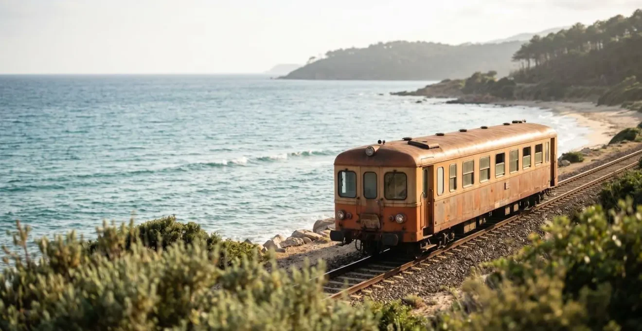Wagon du train corse circulant le long de la côte méditerranéenne entre mer et pinède