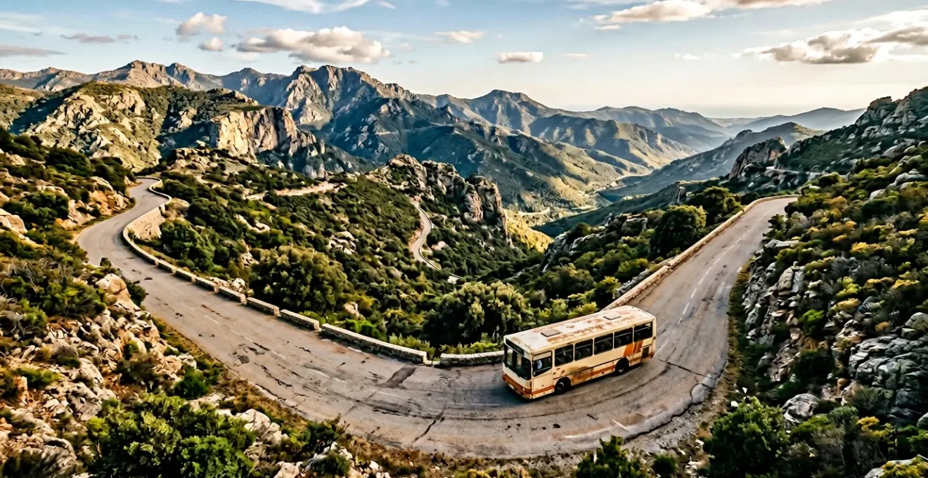 Autocar rouge traversant un col de montagne corse sur une route sinueuse bordée de maquis sauvage