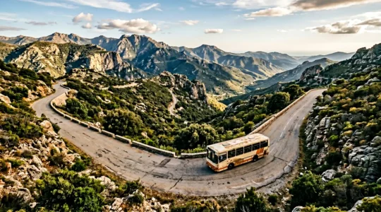 Autocar rouge traversant un col de montagne corse sur une route sinueuse bordée de maquis sauvage
