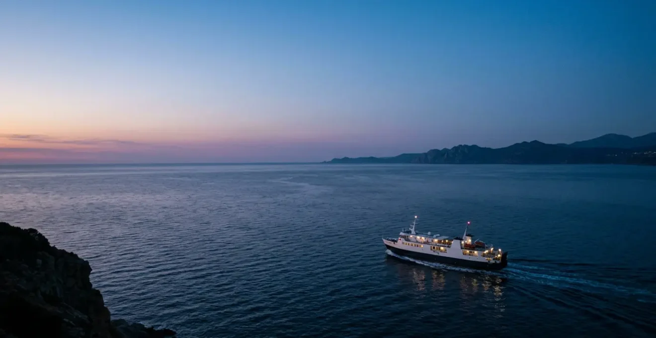 Vue panoramique d'un ferry de nuit naviguant vers la Corse sous un ciel étoilé