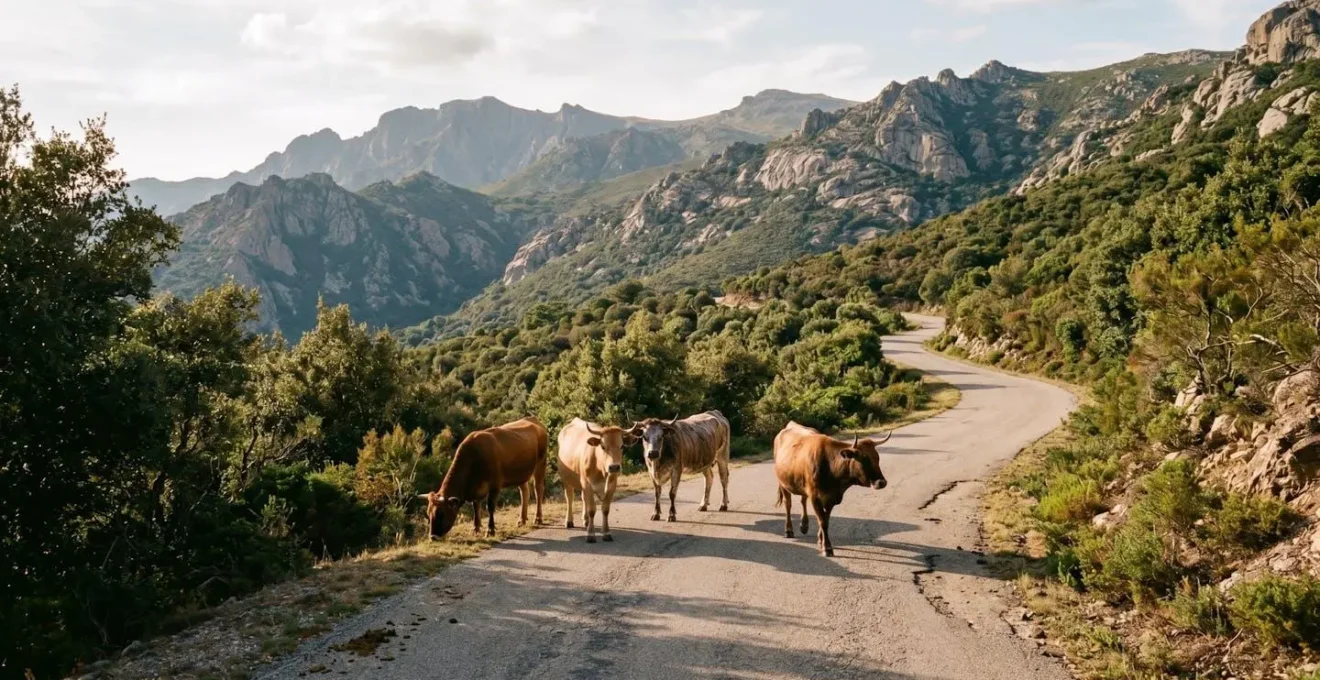 Troupeau de vaches corses en liberté sur une route de montagne étroite avec végétation méditerranéenne