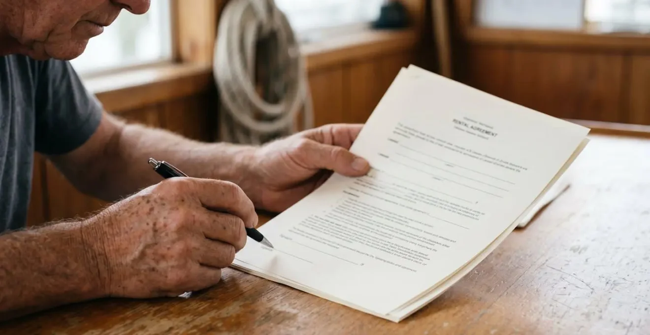 Gros plan sur des mains tenant un document de location de bateau avec un stylo, lumière naturelle et ambiance professionnelle