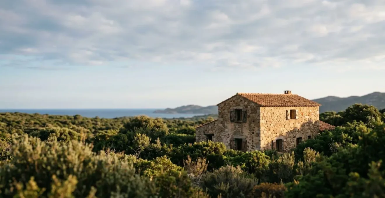 Villa hôtelière indépendante en pierre de Corse entourée de végétation dense du maquis garantissant l'intimité acoustique
