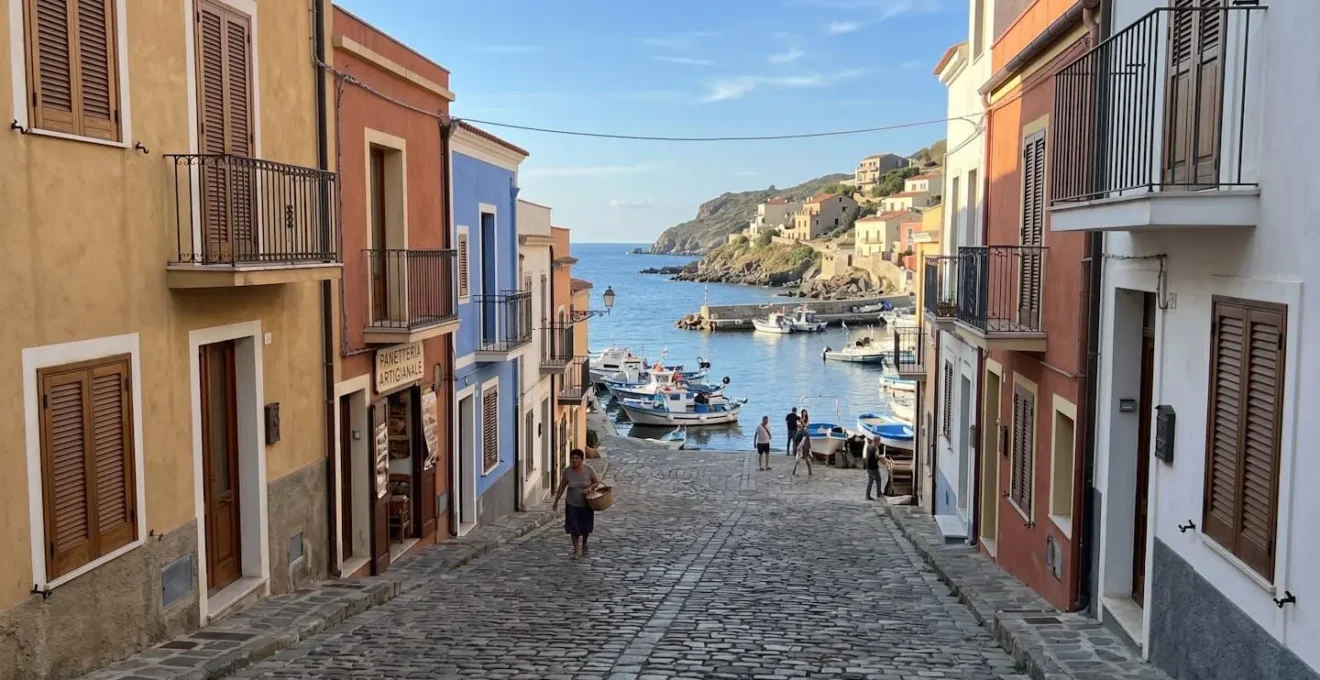 Village côtier méditerranéen aux maisons traditionnelles colorées en façade, ruelle étroite pavée descendant vers un petit port, absence de foule, lumière naturelle douce d'après-midi