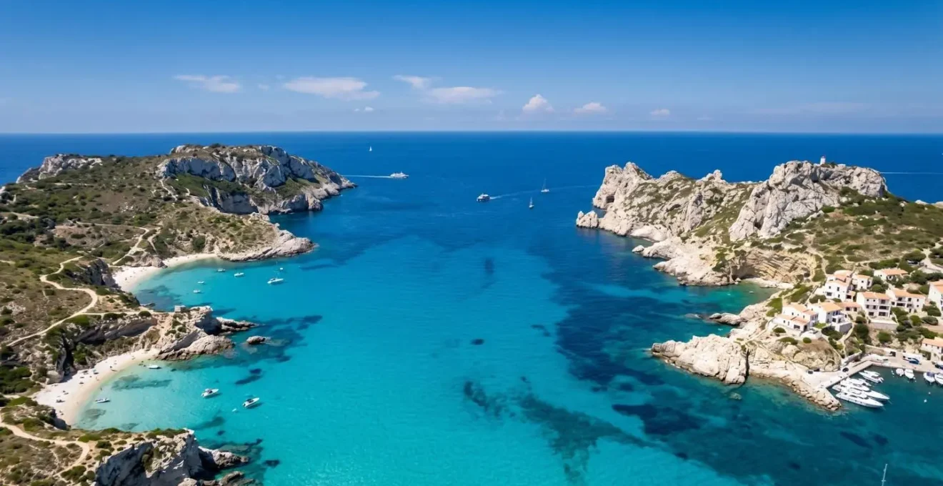 Vue panoramique aérienne du détroit des Bouches de Bonifacio avec eaux turquoise séparant les côtes de Corse et Sardaigne sous un ciel méditerranéen lumineux