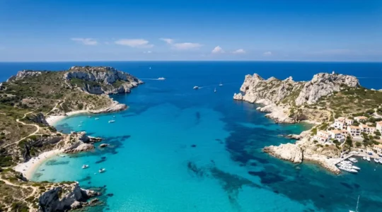 Vue panoramique aérienne du détroit des Bouches de Bonifacio avec eaux turquoise séparant les côtes de Corse et Sardaigne sous un ciel méditerranéen lumineux