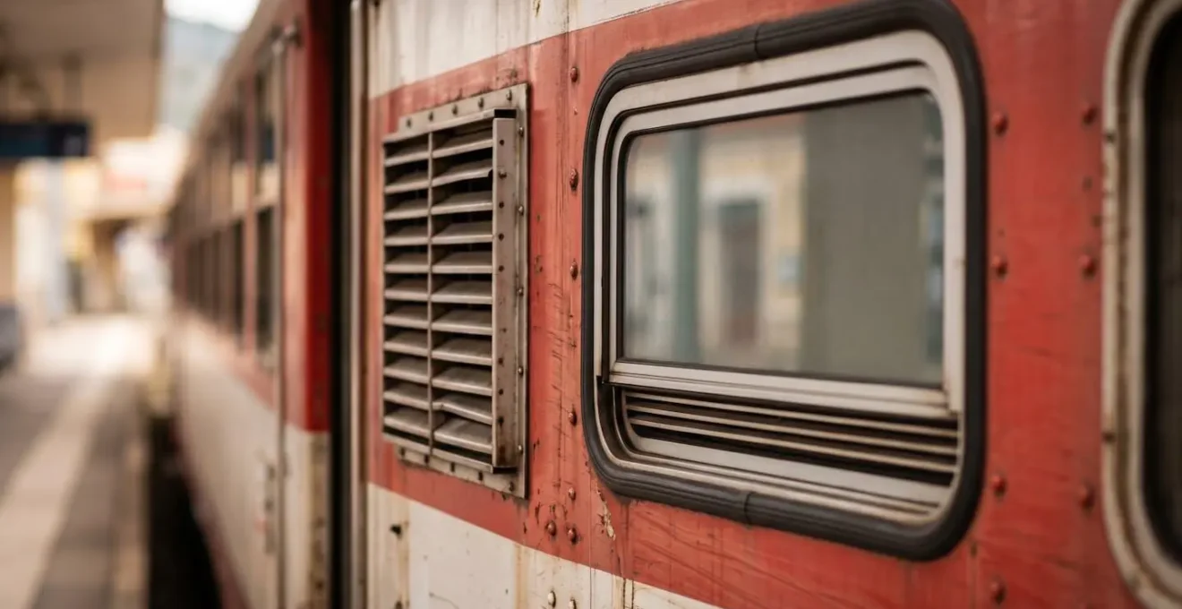 Détails rapprochés de la façade extérieure d'un wagon de train montrant les grilles de ventilation et fenêtres caractéristiques