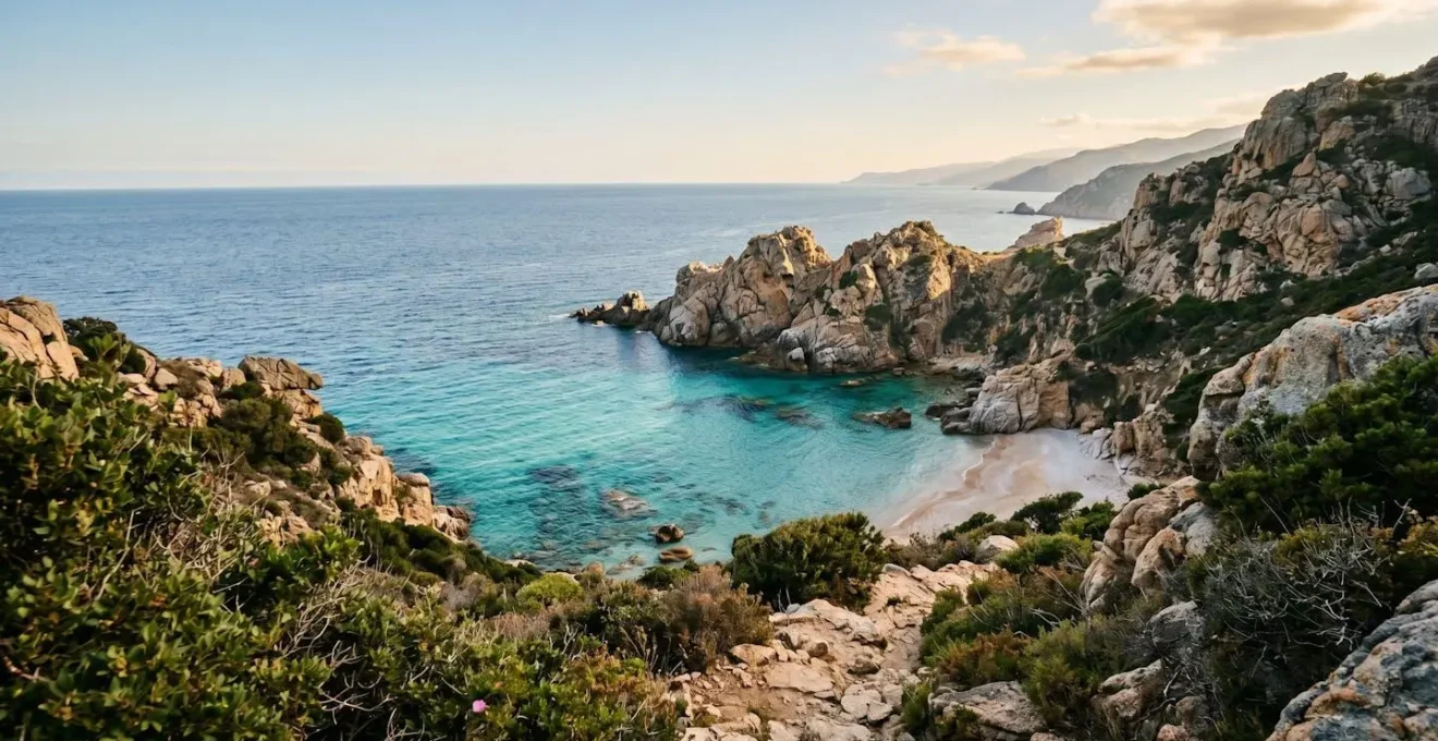 Crique sauvage corse entourée de maquis avec eau turquoise